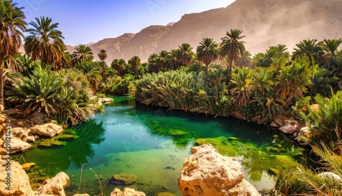 Lush oasis with turquoise water, palm trees, and rugged mountains
