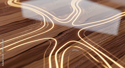 Luxury wood surface with glowing neon light topographic pattern