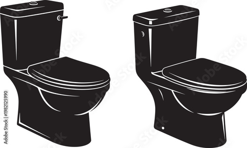 Two modern black toilets side by side with black and white bathroom sanitary plumbing porcelain interior equipment washroom lavatory cleanliness restroom appliance household illustration
