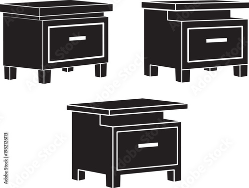 Set of three black bedside tables or nightstands with drawers and legs isolated on white background bedside table home decor flat design furniture set side table end table nightstand interior