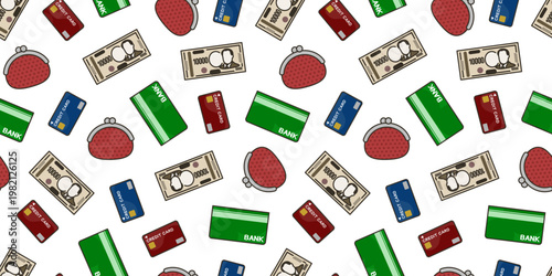 通帳とお金とクレジットカードと財布のシームレス背景画像。
