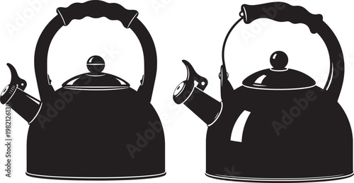 Two black stovetop kettles with handles and spouts isolated on white background tea kettle hot beverage flat design drink dispenser cooking pot stovetop kitchenware cookware container