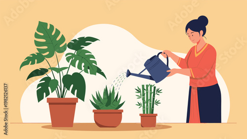 Woman watering indoor house plants including monstera and bamboo with a blue watering can to maintain her home garden greenery.
