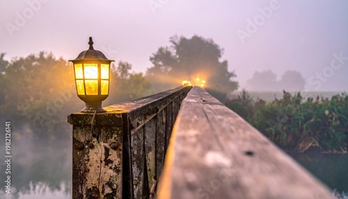 Wooden bridge with glowing lamps in morning mist