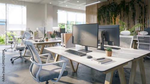 Photos Modern empty open-plan office showcasing multiple workstations, ergonomic chairs, computers, and green plants