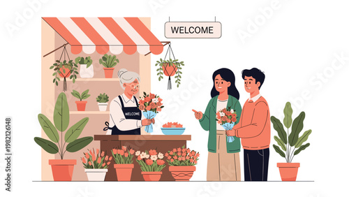 Young couple purchasing a fresh bouquet of roses from an elderly florist at a charming street flower shop with various potted plants.
