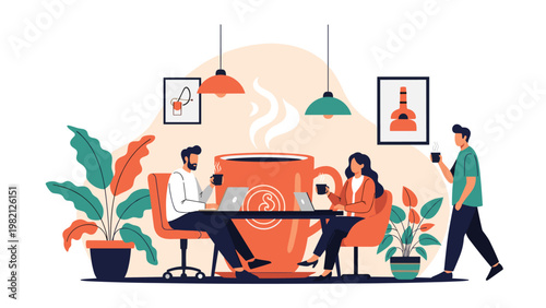 Modern coworking space with people working on laptops and drinking coffee near a giant mug representing caffeine fueled productivity.