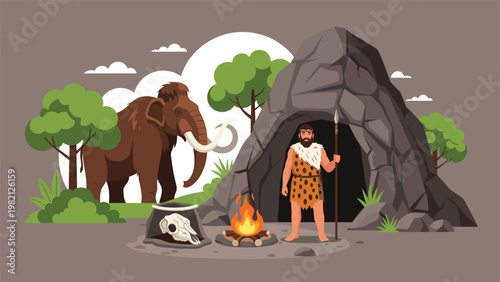 Prehistoric caveman standing outside a rocky cave dwelling with a campfire and a mammoth in a primitive landscape setting.
