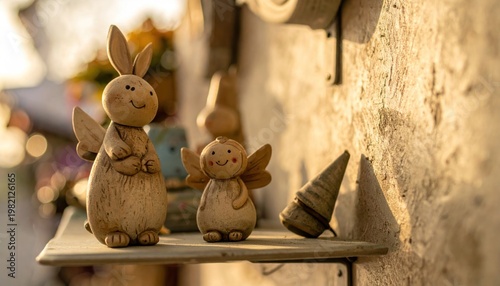 Ceramic figures of a bunny, angel, and small cone on a shelf in soft light