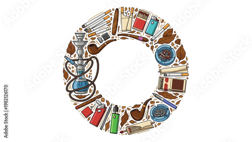 Assorted tobacco products and smoking accessories like hookah and pipes arranged in a circular frame for educational use.