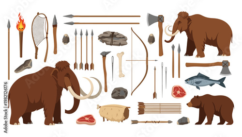 Comprehensive collection of prehistoric stone age tools and animals including mammoths and bears for educational archaeology themes.