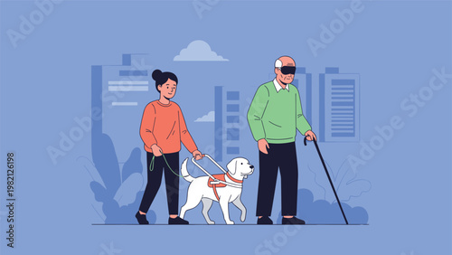 Kind young woman assisting a blind man with a guide dog as they walk together through a city to promote accessibility and support.