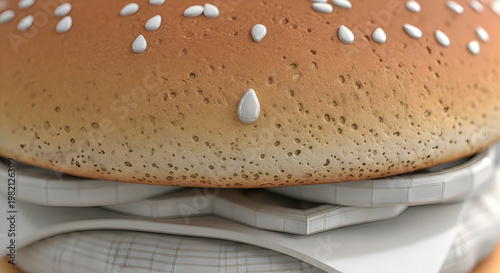 Macro 3D Render of Hamburger Bun with Wireframe Mesh Layers