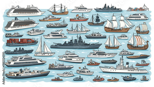 Comprehensive collection of various sea vessels including cruise ships and sailboats on a blue ocean for maritime transport themes.