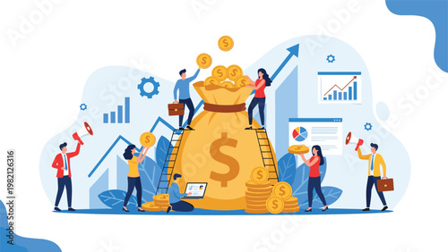 Group of professional investors and workers collaborating to fill a giant burlap sack with gold coins for wealth accumulation and profit.