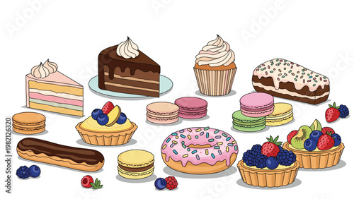 Assortment of delicious desserts including chocolate cake slices, cupcakes, colorful macarons, donuts, and fruit tarts with fresh berries.