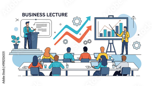 Business professionals attending a corporate lecture and seminar with presentations on growth charts and strategic data analysis in a classroom.