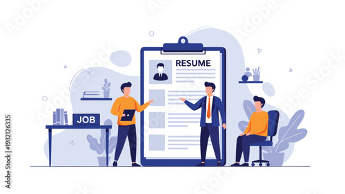 Recruitment team conducting a job interview and evaluating candidate applications displayed on a giant resume clipboard in a modern office.