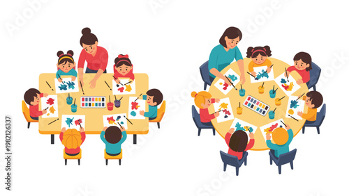 Creative children participating in an art class while a teacher guides them in painting colorful pictures at round and rectangular tables.