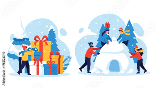 Happy people enjoying winter traditions by building a snowy igloo and organizing colorful Christmas presents near snow covered pine trees.