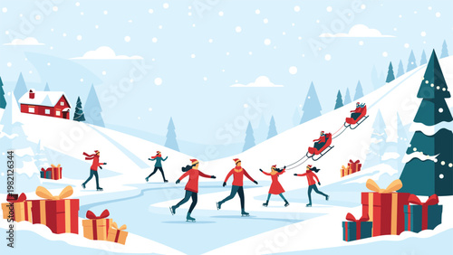 Families and children ice skating on a frozen lake in a picturesque winter village decorated with giant Christmas gift boxes.