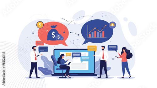 Business colleagues communicating via digital speech bubbles around a laptop to discuss financial statistics and corporate growth strategies.