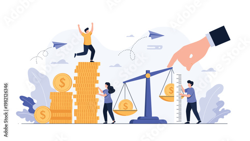 Financial experts balancing gold coins on a scale and building towers of currency to represent economic stability and budget management.