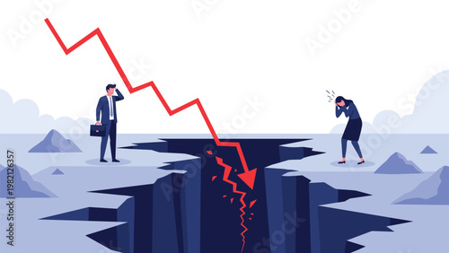 Business partners looking devastated at a deep rocky canyon while a red arrow points down indicating a major stock market crash or recession.