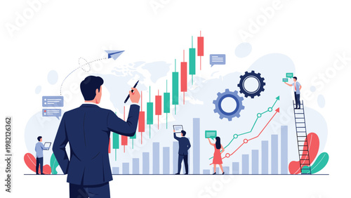 Financial analysts and traders monitoring global market trends with a large candlestick chart and gears representing economic machinery.