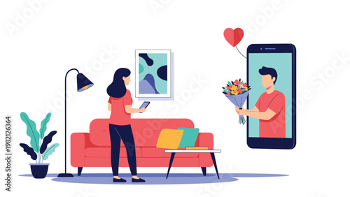 Woman receiving a virtual flower bouquet through a mobile phone video call from a partner during a romantic online date at home.