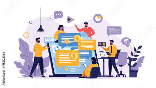 Professional team working together around a computer screen with interactive chat bubbles and currency icons for a financial technology project.