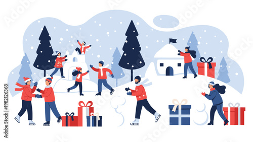 Diverse group of people enjoying festive winter activities like ice skating and building snow castles in a snowy park filled with gifts.