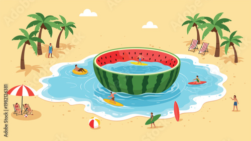 Surreal summer illustration of people surfing and swimming inside a giant hollowed out watermelon half placed on a tropical sandy beach.