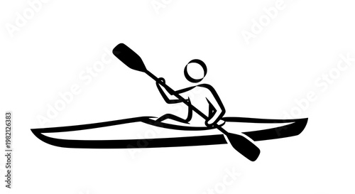 Kayak paddler pictogram icon with double-blade paddle in canoe,black silhouette on white featuring kayaking,