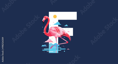Vibrant alphabet illustration featuring a graceful pink flamingo standing in water integrated with a large bold letter F.