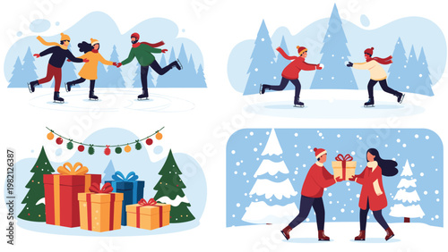 Four panels showing winter activities including ice skating, snowball fights, festive gift piles, and a couple exchanging a Christmas present.