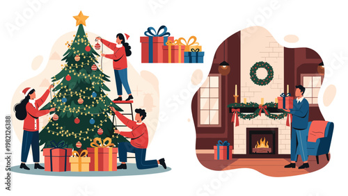 Family members preparing for Christmas by decorating a tall tree with ornaments and standing near a cozy fireplace with a warm fire.