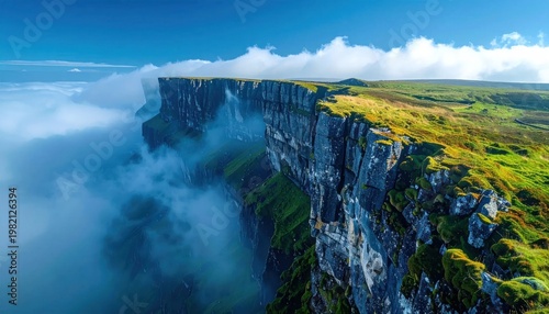 Aerial view of a stunning cliff face emerging from the misty clouds