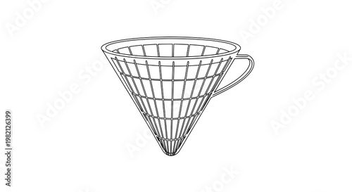 Coffee dripper cone line icon with wireframe grid and handle for pour over brewing outline featuring filter,
