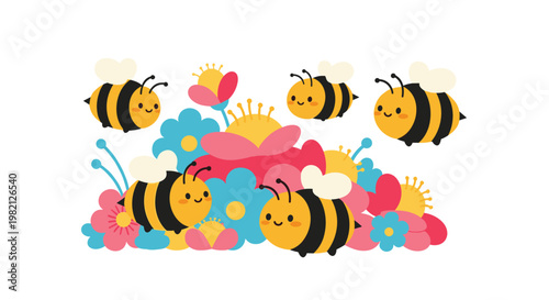 Adorable group of smiling honey bees flying around a colorful cluster of spring flowers in a cute whimsical illustration.