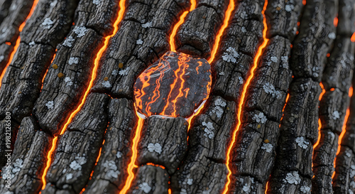 Macro of Glowing Lava Cracks in Tree Bark with Clear Water Droplet