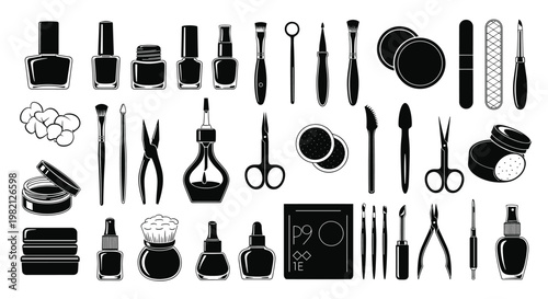 Comprehensive set of black silhouettes representing various beauty, manicure, and makeup tools for salon and personal care.