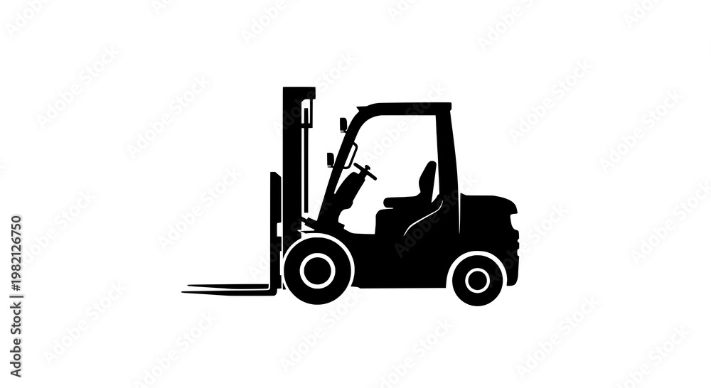 Naklejka premium Forklift industrial warehouse icon with solid black silhouette,raised mast and forks,side view featuring