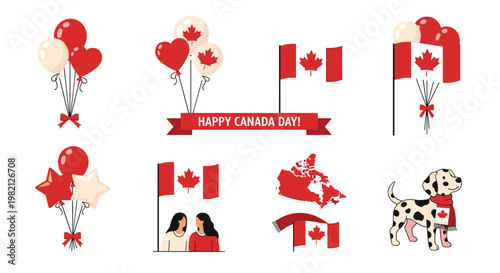 Collection of Canada Day celebratory graphics including balloons, flags, a map, and a patriotic dog with a scarf.