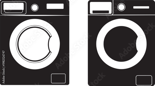 Two black and white icons of front-loading washing machines with washing machine domestic appliance laundry machine washing equipment cleaning machine front loader appliance icon appliance illu