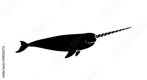Narwhal silhouette with long spiral tusk and streamlined body featuring black, marine, animal with arctic and