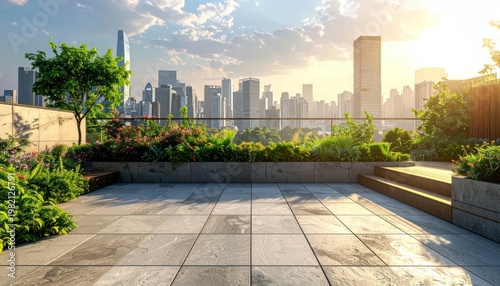 City rooftop garden with skyscrapers in the background during a sunset