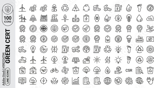 A collection of line icons related to green certification and environmental sustainability AI, eps, png, jpg. transparent background.