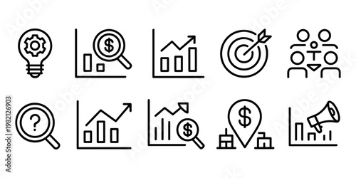 Business finance including lightbulb gear magnifying glass charts target people and megaphone