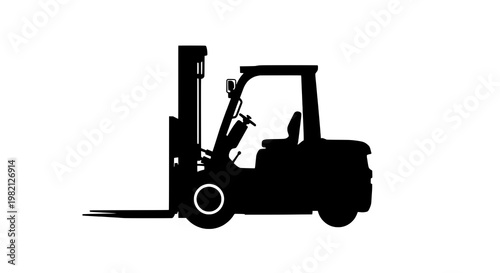 Forklift industrial warehouse vehicle silhouette icon with lifted forks, side view, isolated featuring